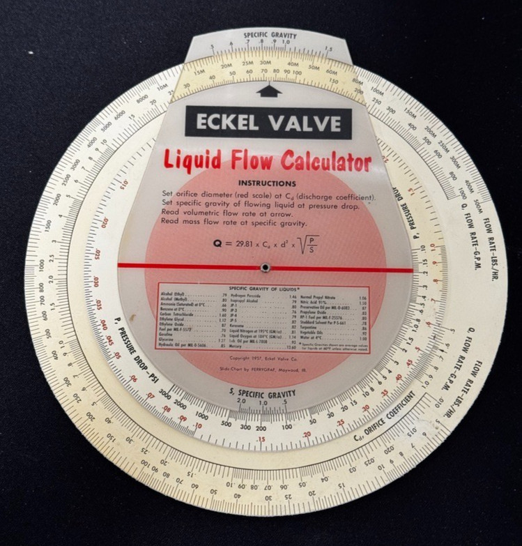 A 1957 circular slide rule designed for engineers to calculate air and liquid valve flow — a gorgeous, hyper-specialized analog computing artifact.
