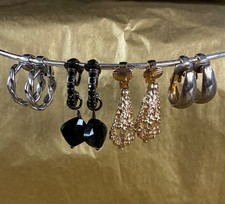 Lot of 4 Pairs Vintage Clip On Hoop Earrings Gold and Silver Tone Black Crystals