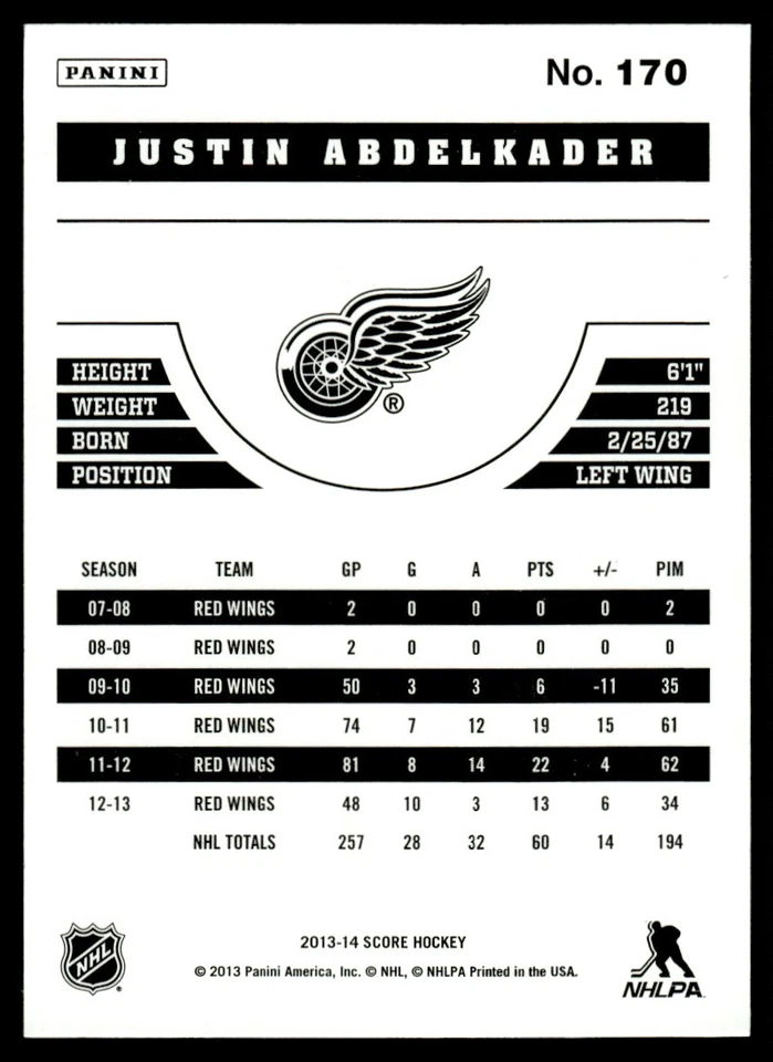 2013-14 Score Gold Justin Abdelkader Detroit Red Wings #170 - Image 2 of 2