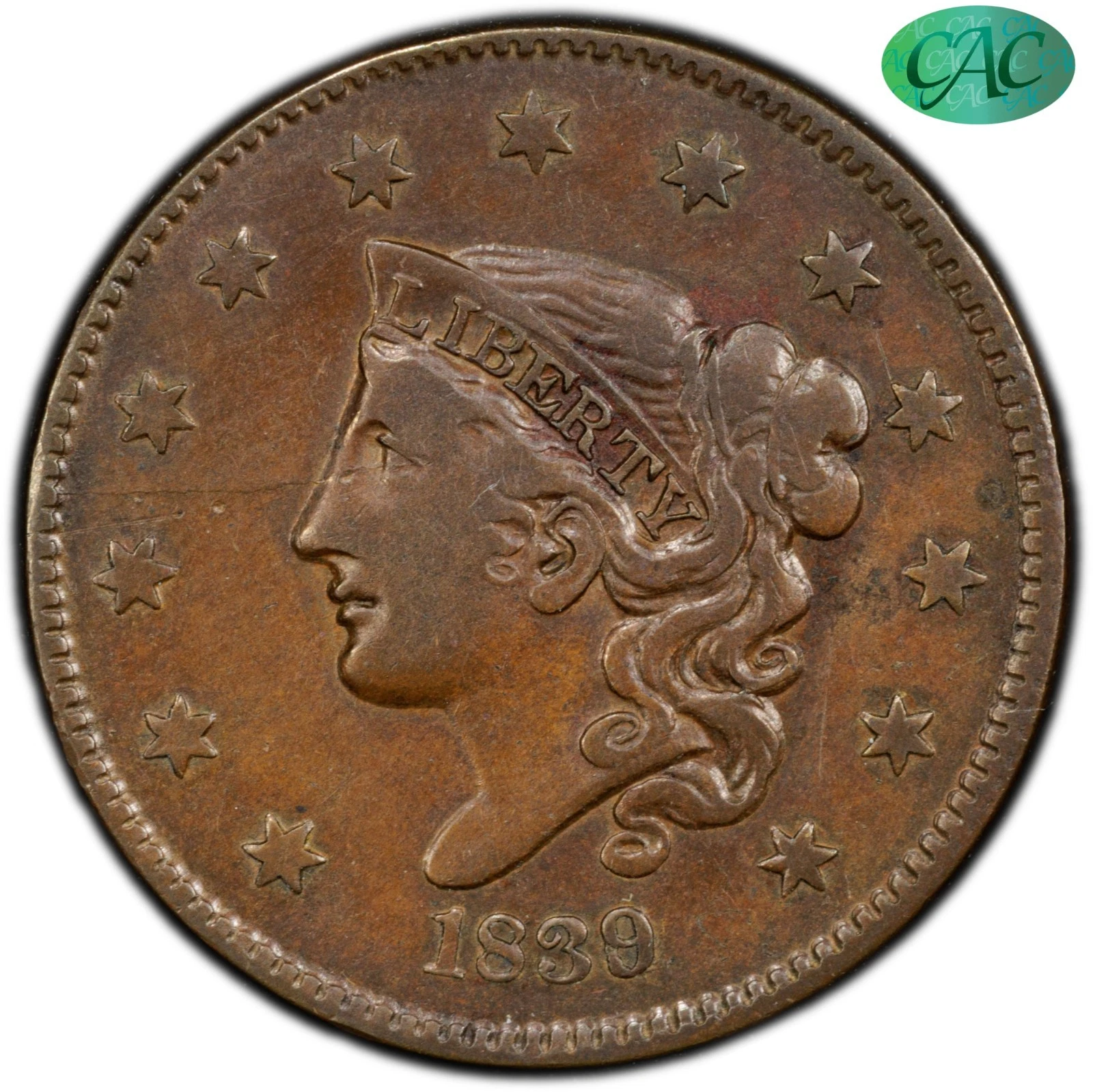 1839/6 1C VF35 PCGS CAC Coronet Head Cent