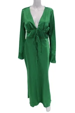 Boohoo Womens Satin Tie Front Long Sleeves A Line Maxi Dress Green Size 10