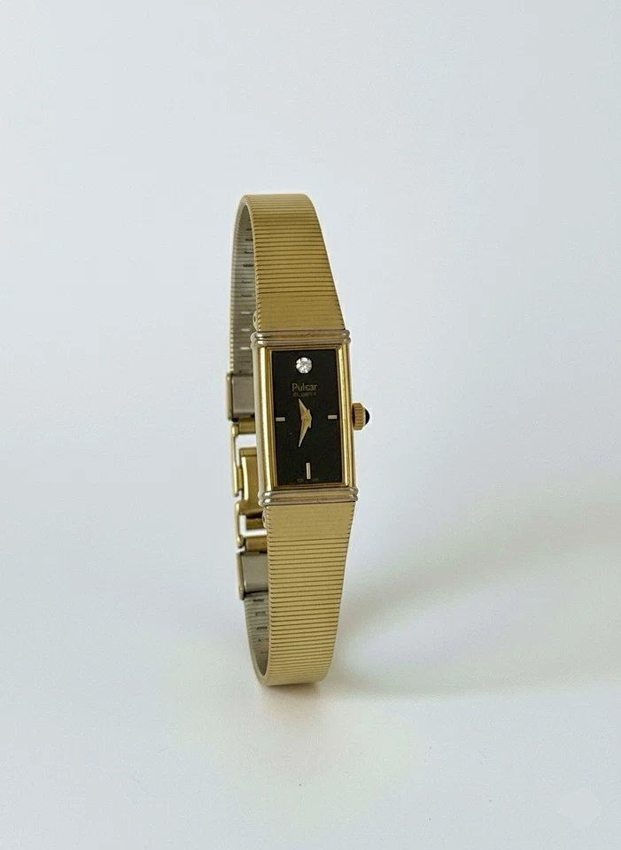 Reloj Pulsar vintage para mujer V220-5120 dorado esfera negra con corona de diamantes y ónix Foto 3 de 4