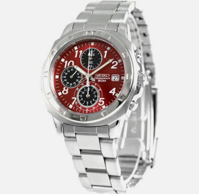 Seiko SND495P1 Herren Chronograph Uhr Rot Edelstahl Analog Neu in Box Datum
