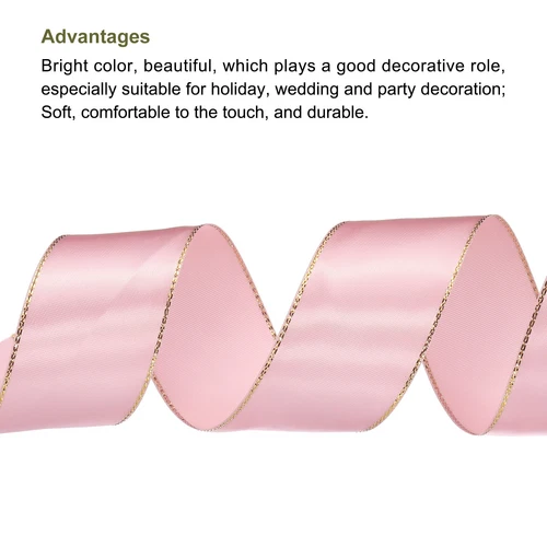 1 1/2 Inch 25 Yard Wide Satin Ribbon w Gold Edges Border Grosgrain Fabric Pink - Picture 3 of 7