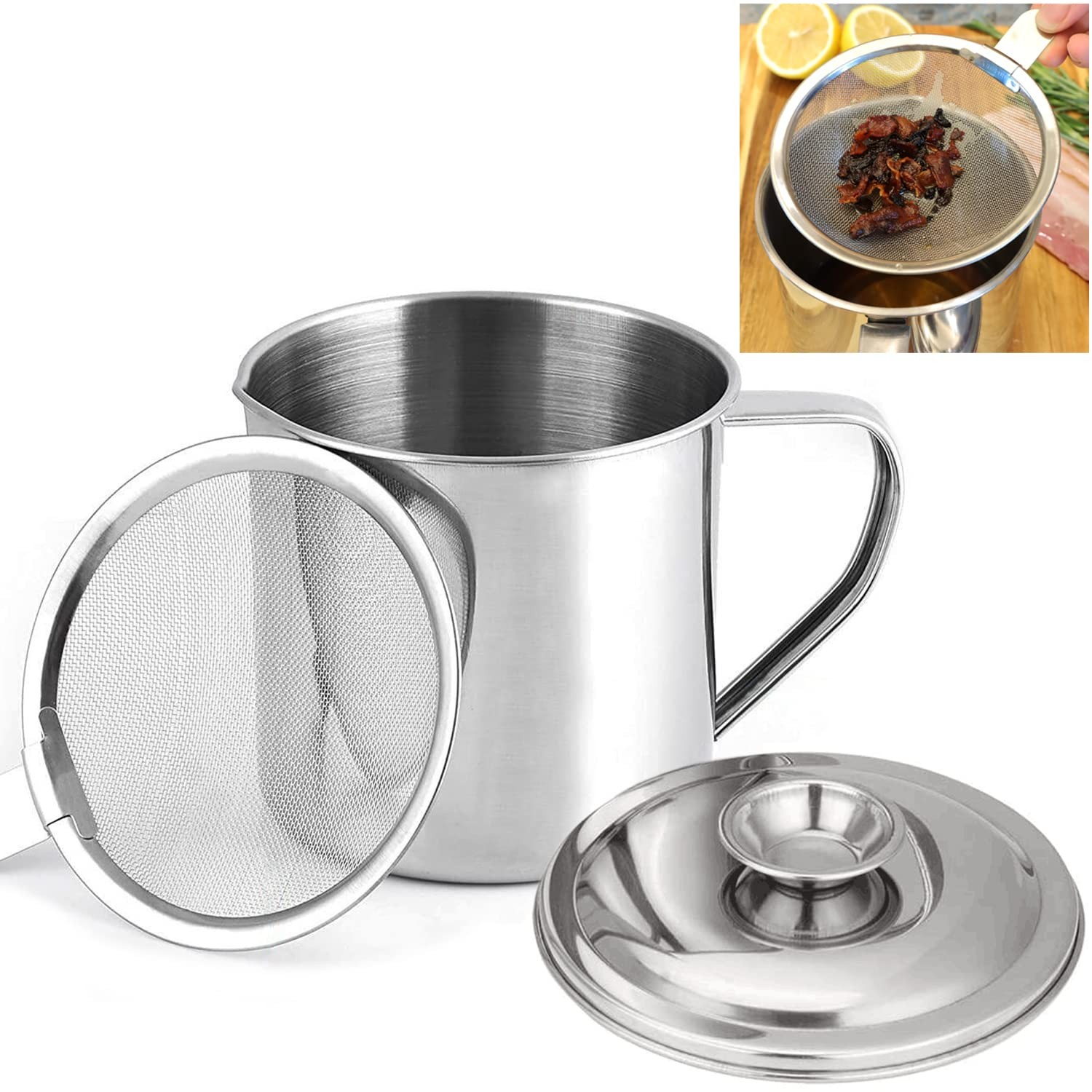 KEISSCO Bacon Grease Container with Strainer, Stainless Steel Oil Storage Can...