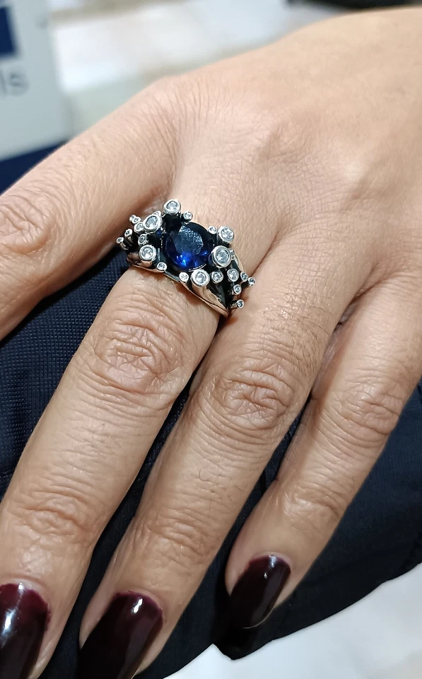 Anello Donna Fascia gioiello in Argento 925 con Pietra blu Zirconi bianchi - Immagine 3 di 4
