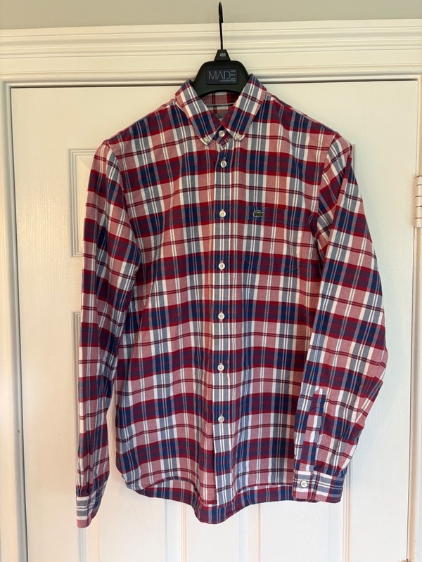 Lacoste Mens Regular Fit Check Button Down Shirt Red White Size M FR 40