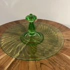 Vintage Anchor Hocking Green Uranium Depression Glass Spiral Center Handle Tray