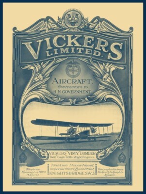 1919 Vickers Aircraft Co. NEW Metal Sign: VIMY Bomber - Rolls Royce Engines