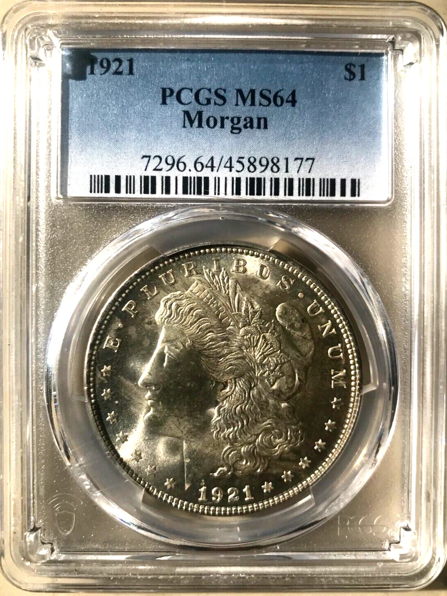 PCGS Certified MS 64 Graded 1921 Year Morgan US Dollars (1878-1921