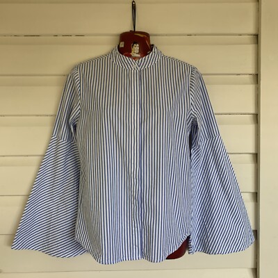 LTB Women s Size M Top White Blue Striped Bell Sleeve  HighCollar Cotton