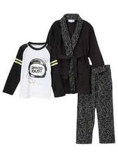 Toddler Boys Plush Black Spaced Out Hoodie Bath Robe Pajamas Sleep Set