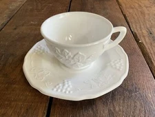 Indiana Colony Harvest Grape White Milk Glass Set of 7 Teacups & Saucers