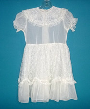 Vtg 50s 60s Sheer White Organza Girls Party Dress W/ Lace Overlay Sz 10-12