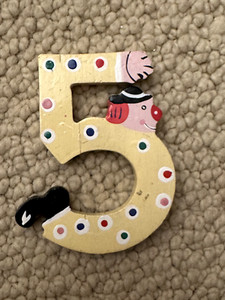 Sevi Hand Painted Wooden Number 3" - Yellow "5" Cracked & Chipped - Child Decor