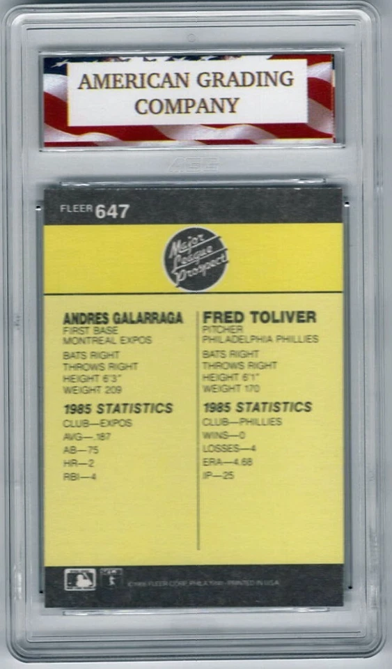 1986 Fleer #647 Andres Galarraga Rookie Card AGC 10 Gem Mint Montreal Expos - Image 2 of 2