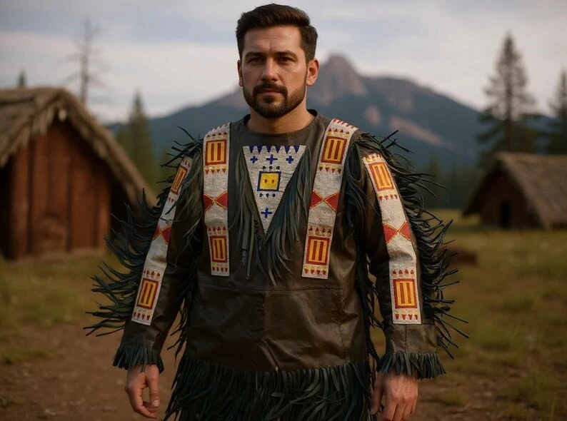Men American Western Wear Suede Leather Jacket Fringes & Beads Work War Shirt