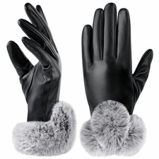 Leather Gloves for Women - Winter Black Touch Screen PU Soft Plush Gift Medium