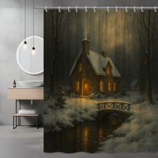 Winter Cabin Shower Curtain - Cozy Snowy Scene for Holiday Decor