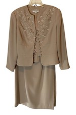 Adrianna Papell Beige Formal Midi Skirt Suit Floral Beading Button Accents Sz 12
