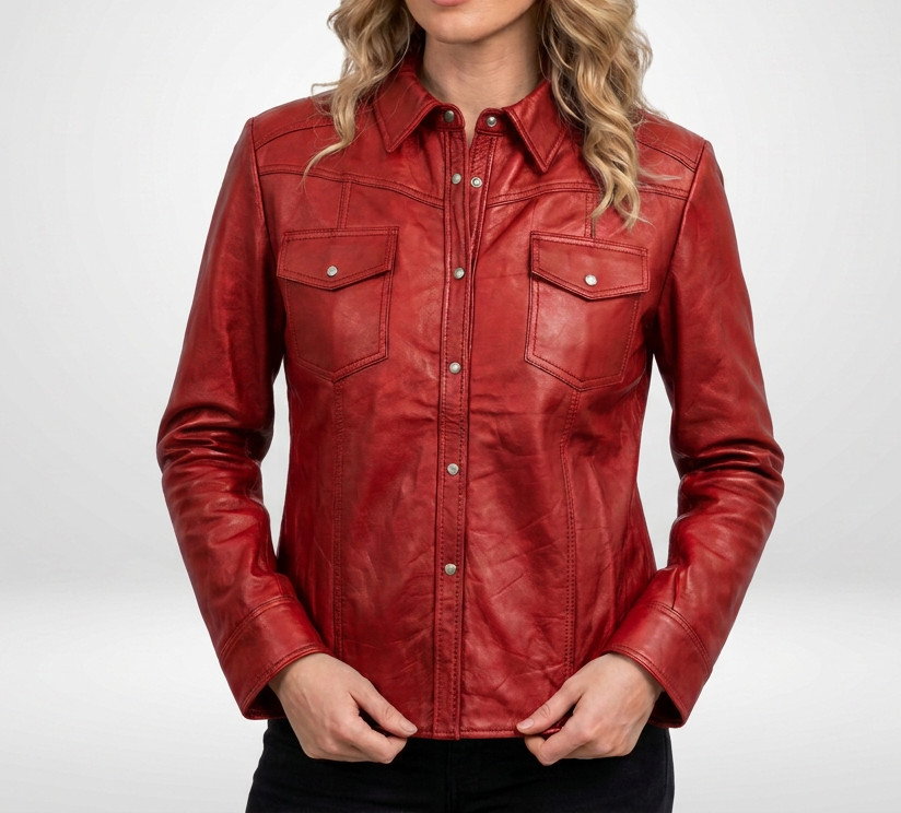 Womens Black Leather Shirt Jacket Real Lambskin Western Snap Button Casual Coat image 7