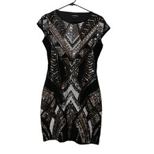 Express Sequin Art Deco Mini Dress Black Silver Gold Geometric Bodycon Small