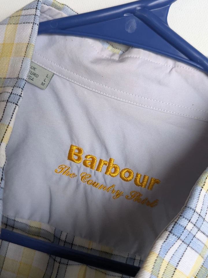 BARBOUR Vtg Country Shirt Linen Plaid White Yellow Blue Btn SHIRT Men's L - Image 3 of 4