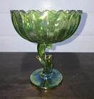 Vintage Indiana Glass Lotus Blossom Carnival Glass Pedestal Bowl Green 7.5”