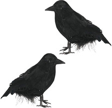 2 Pcs Halloween Realistic Crows Black Feathered Standing Crows Artificial Fake B