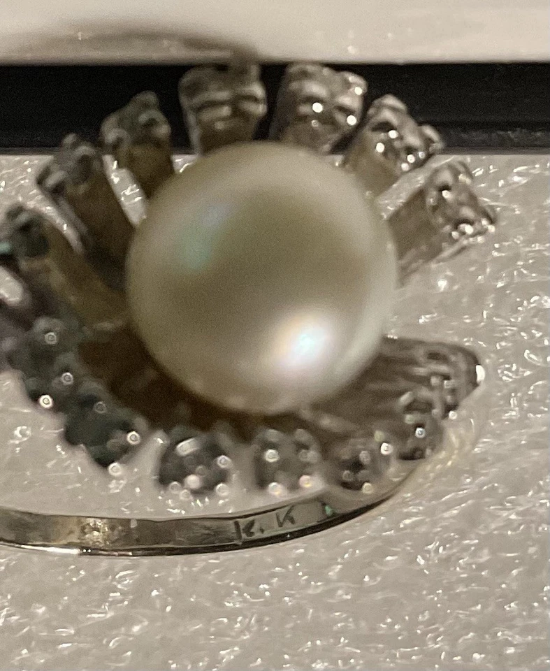 Anillo Vintage Oro Blanco 14k Centro Perla Diamantes 4gr. Talla 6 - BELLEZA ❤️ Foto 4 de 4