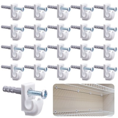 25 Pcs White Wire Shelf Brackets Loop Clips  With Screws and Expansion Tubes