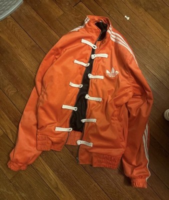 adidas Orange Bomber Jacket Button Closure Stand-Up Collar White Stripes Men