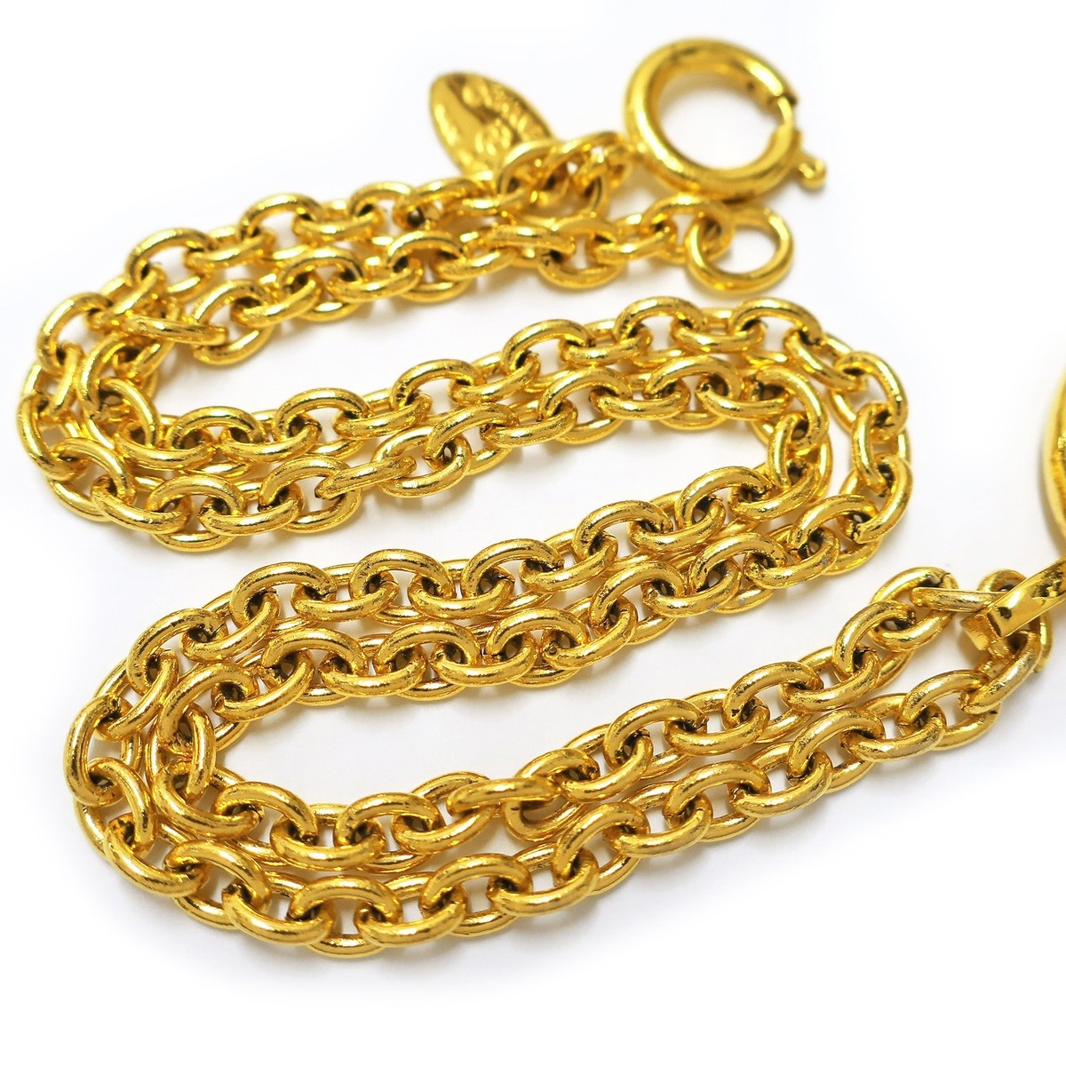 CHANEL Gold Plated CC Logos Round Charm Vintage Necklace Pendant