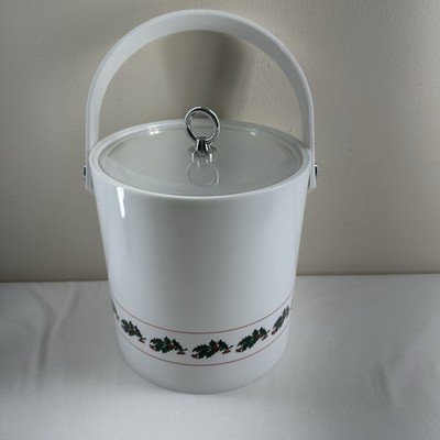 Vintage Libbey Christmas Holly Berry Ice Bucket 3 Qt Vinyl Holiday Barware Lid