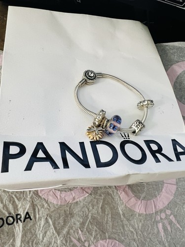 Authentic Pandora Sterling Silver 925 Bracelet with 5 Pandora Charms