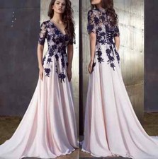 Lace Mother of The Bride Dresses V-Neck Short Sleeve Chiffon Ball Gown Applique