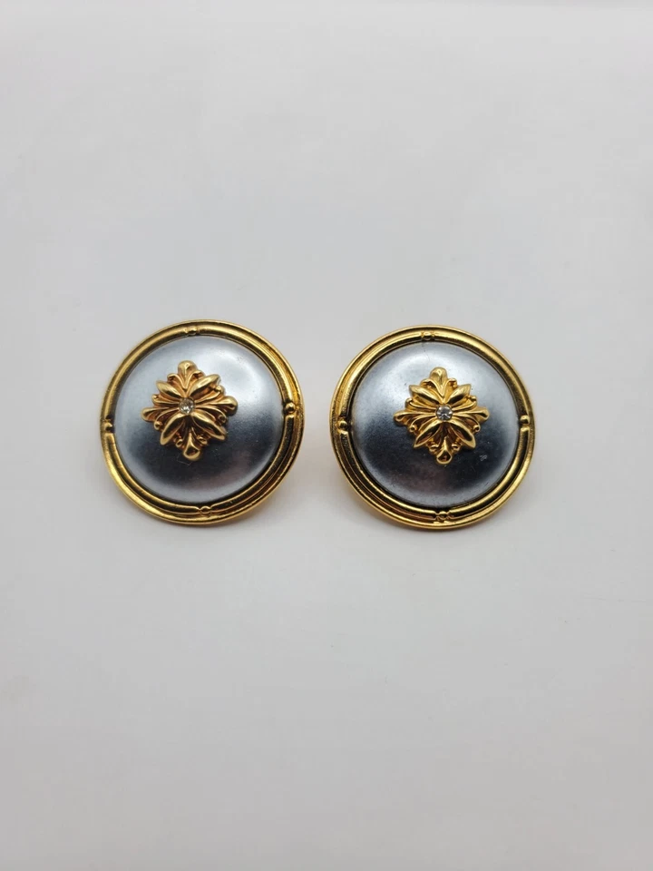 Vintage Avon Gray Pearl Satin Gold Tone Rhineston Ornate Pierced Earrings - Image 2 of 4