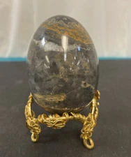 Large Agate Stone Egg on Gold Colored Wire Wrapped Metal Stand