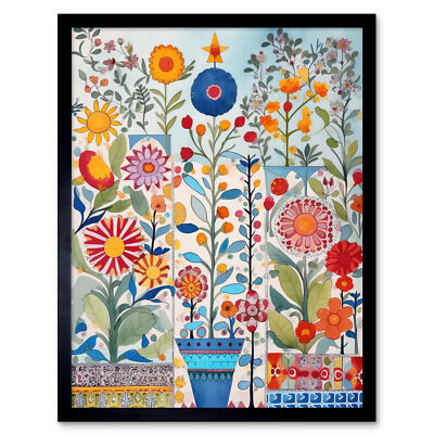 Garten Blumen Moderne Volkskunst Aquarell Gerahmt Wandbild Bild Druck 9X7 Zoll