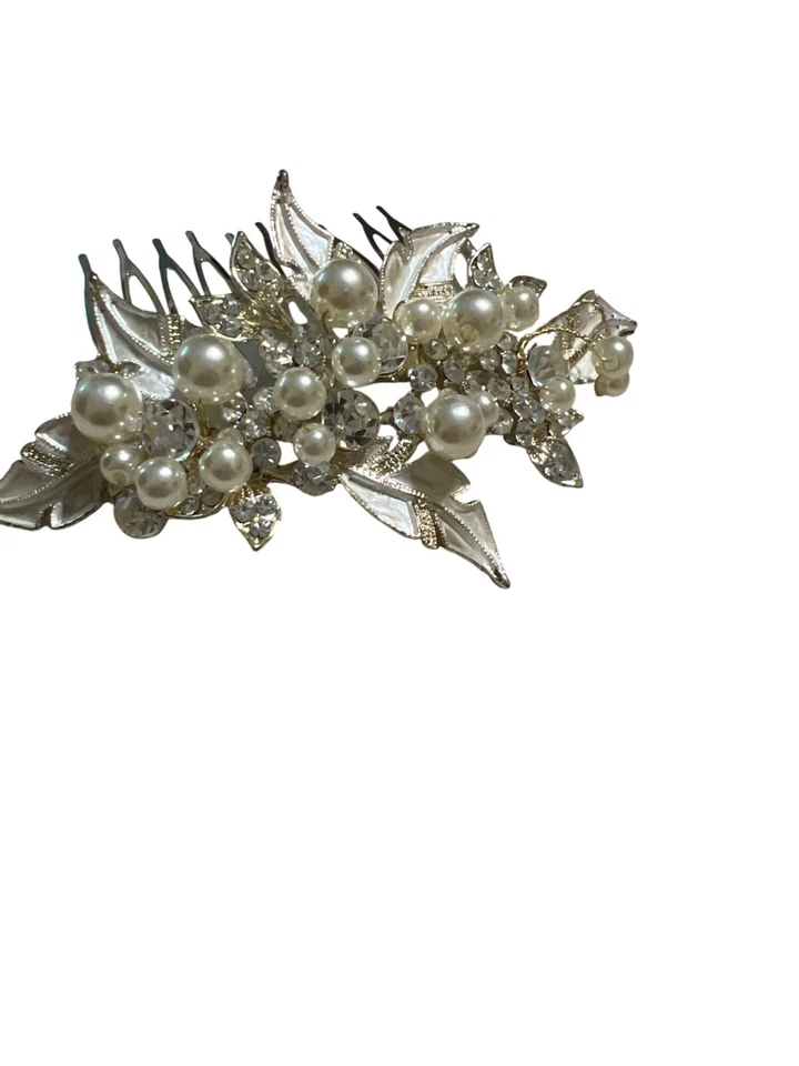 Peine de pelo de novia tono dorado perlas de imitación pedrería diseño de hojas concurso graduación 4" Foto 3 de 4