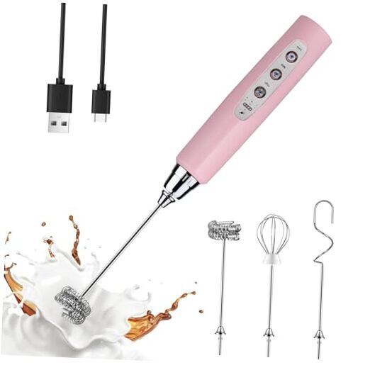 Milk Frother Handheld with 3 Heads, Coffee Whisk Drink Foam Pink Without Stand