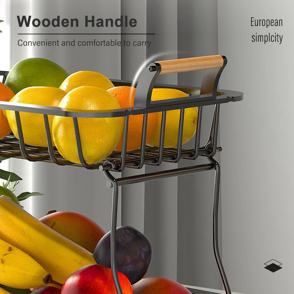 2 Tier Fruit Storage Basket Kitchen Countertop Organizer with Wooden Handle N2Y5 - Picture 7 of 12