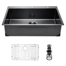 33 x 22in Drop in Kitchen Sink Top Mount Single Bowl Basin Stainless Steel Black