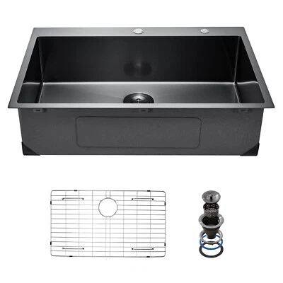 33 x 22in Drop in Kitchen Sink Top Mount Single Bowl Basin Stainless Steel Black