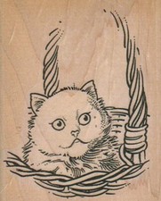 Kitty In Basket 2 1/2 x 3" Rubber Stamp, Cat Stamp, Cat Lover Stamp