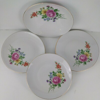 Vintage Kahla GDR Pink Rose 4 Salad Dessert Plates Gold Rim Transferware 