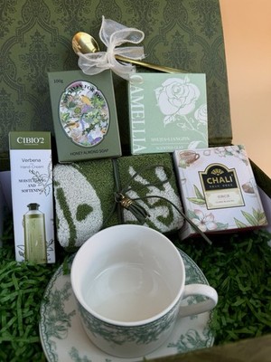 Green Tea Self-Care Gift Box for Her   Floral Ceramic Cup & Relaxing Spa Set