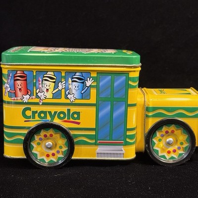 Vintage Crayola School Bus Collector's Tin 1999 Wheels Roll Two Storage Crayons