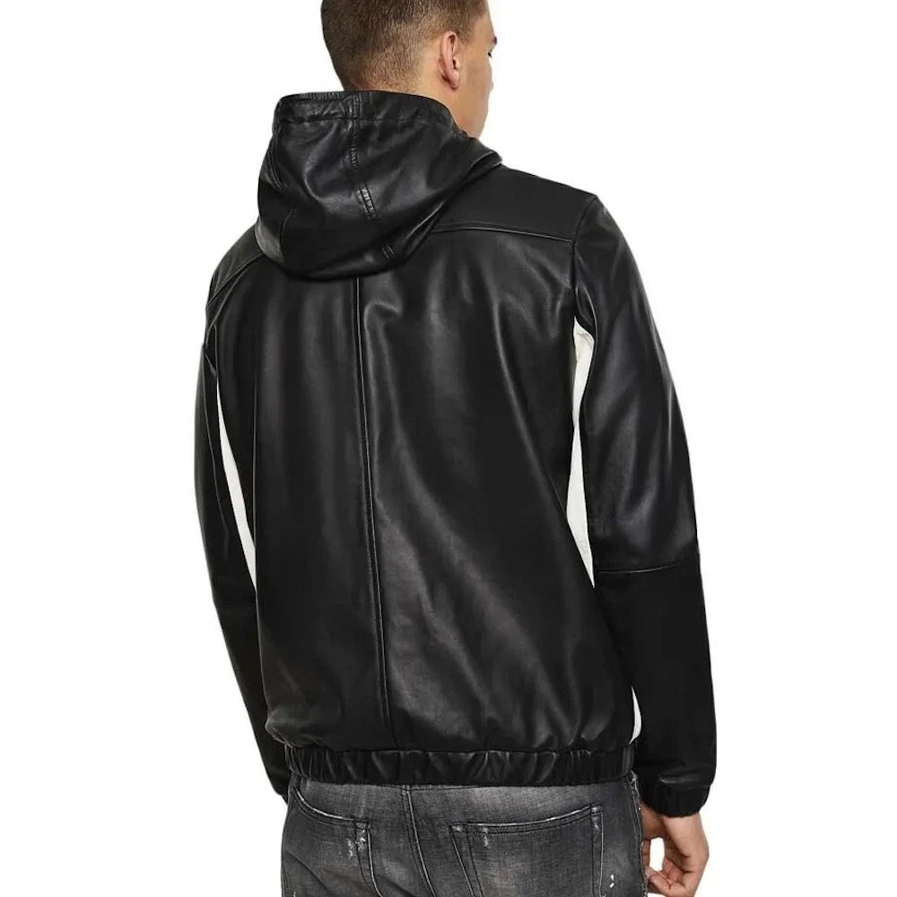 RRP £590 NWT Diesel L Carr Black Grey Colour-Block Hooded Sheepskin Leather M image 2