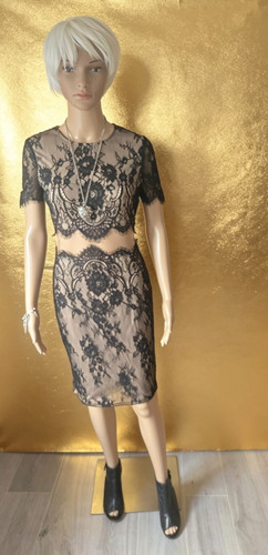 Missguided Black/Nude Floral Lace Sheer Bodycon Knee Dress Short Sleeve M